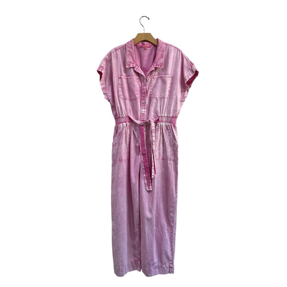 Simply Southern Pink Garment Dyed Denim Jumpsuit Tie Waist Cotton L